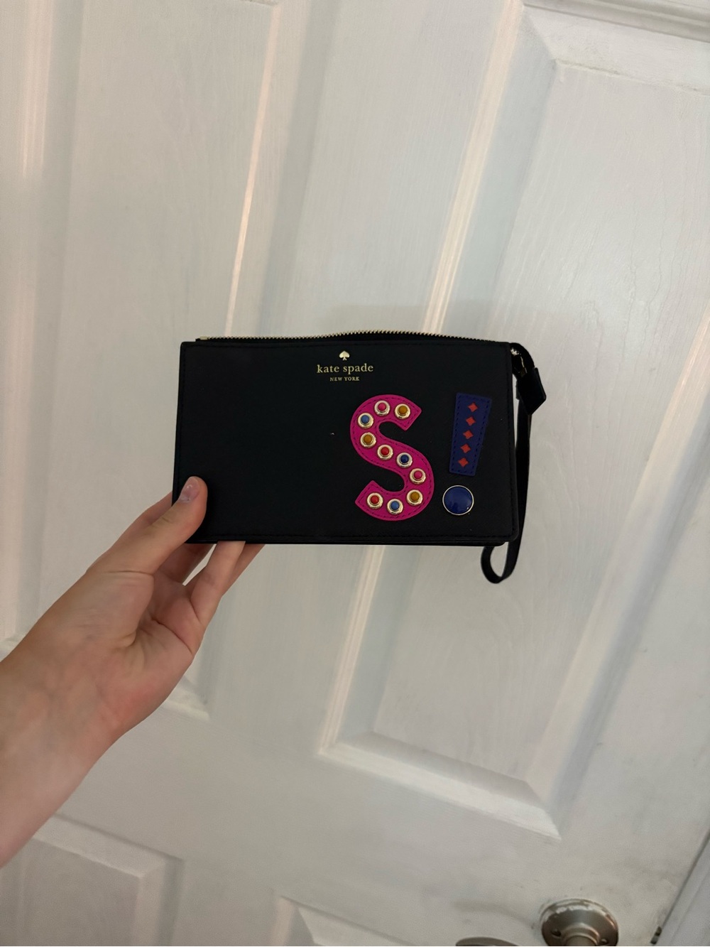 kate spade Black Wristlet with Pink S Patch and Blue Detail